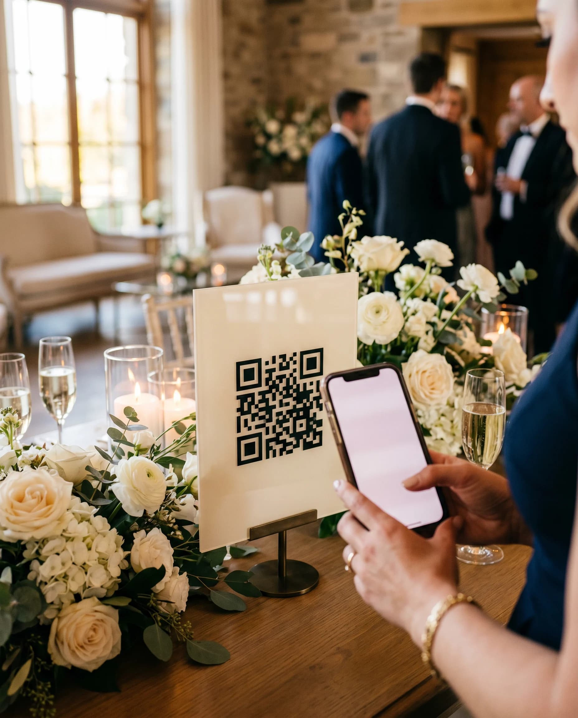 A wedding guest scanning a QR code on a cream welcome sign with their phone, surrounded by white roses, candles, and champagne at a candlelit reception