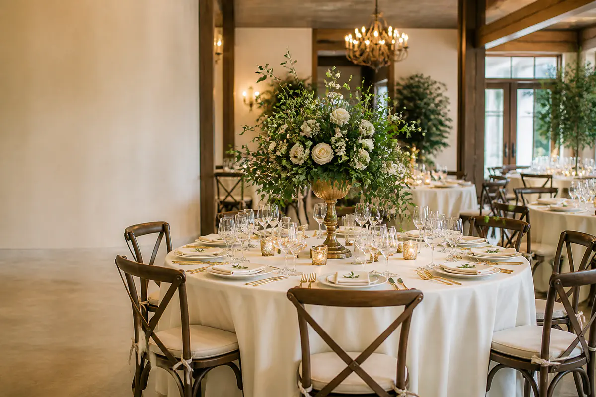 A prepared wedding reception room with ivory tables, wooden chairs and botanical flowers.