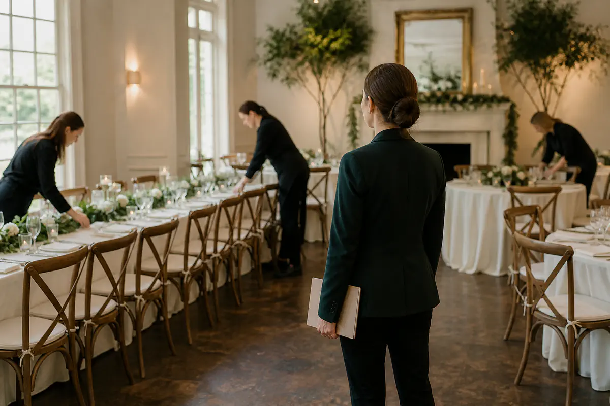A venue coordinator watches staff make final adjustments to reception tables.